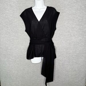 St. John Top Black V-Neck Sleeveless Shirt Size Medium Tie Waist Front Career